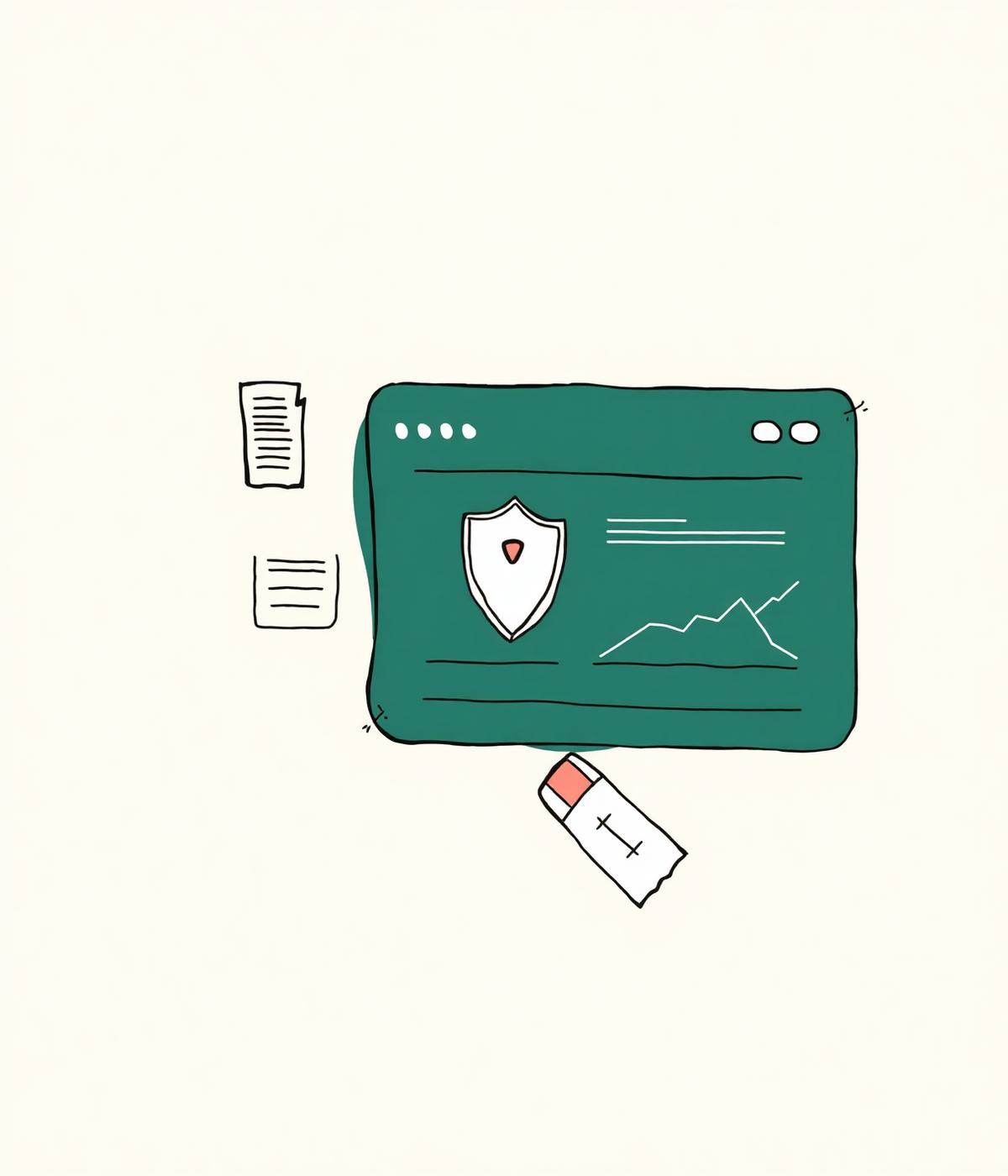 Editorial illustration of an abstract digital health information dashboard with document icons, a privacy shield and a prescription card
